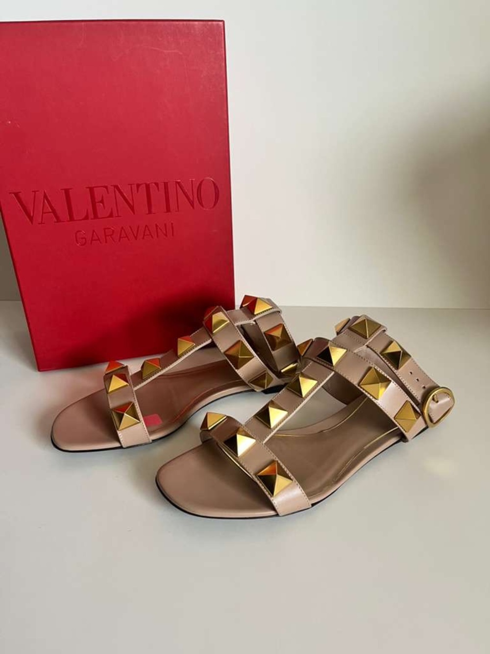 Valentino Garavani Pinkish Nude Rockstud Strap Sandals with Gold Studs